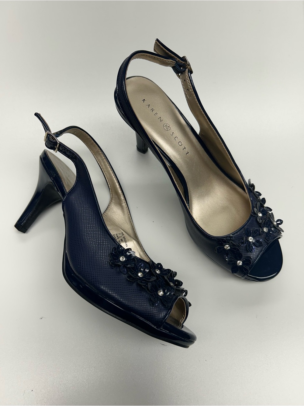Karen Scott Navy Peep-Toe Slingback Heels with Floral Bead Detail